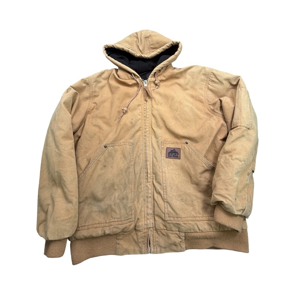 Old Mill Work Jacket Mens Medium Brown Canvas Hooded Quilted Lined‎ Full Zip